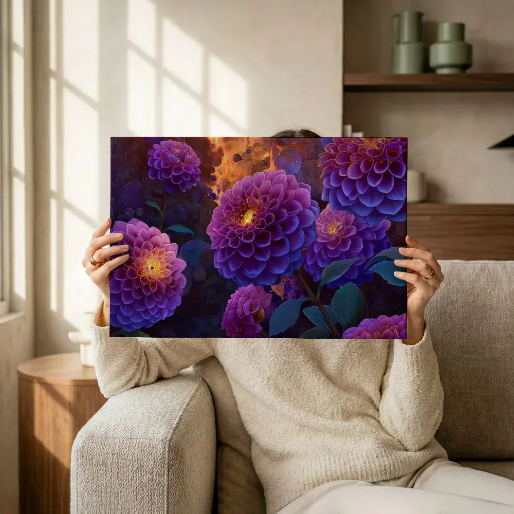 Sfeerimpressie: Dahlia's in kolkend vuurlicht terwijl het omhoog wordt gehouden