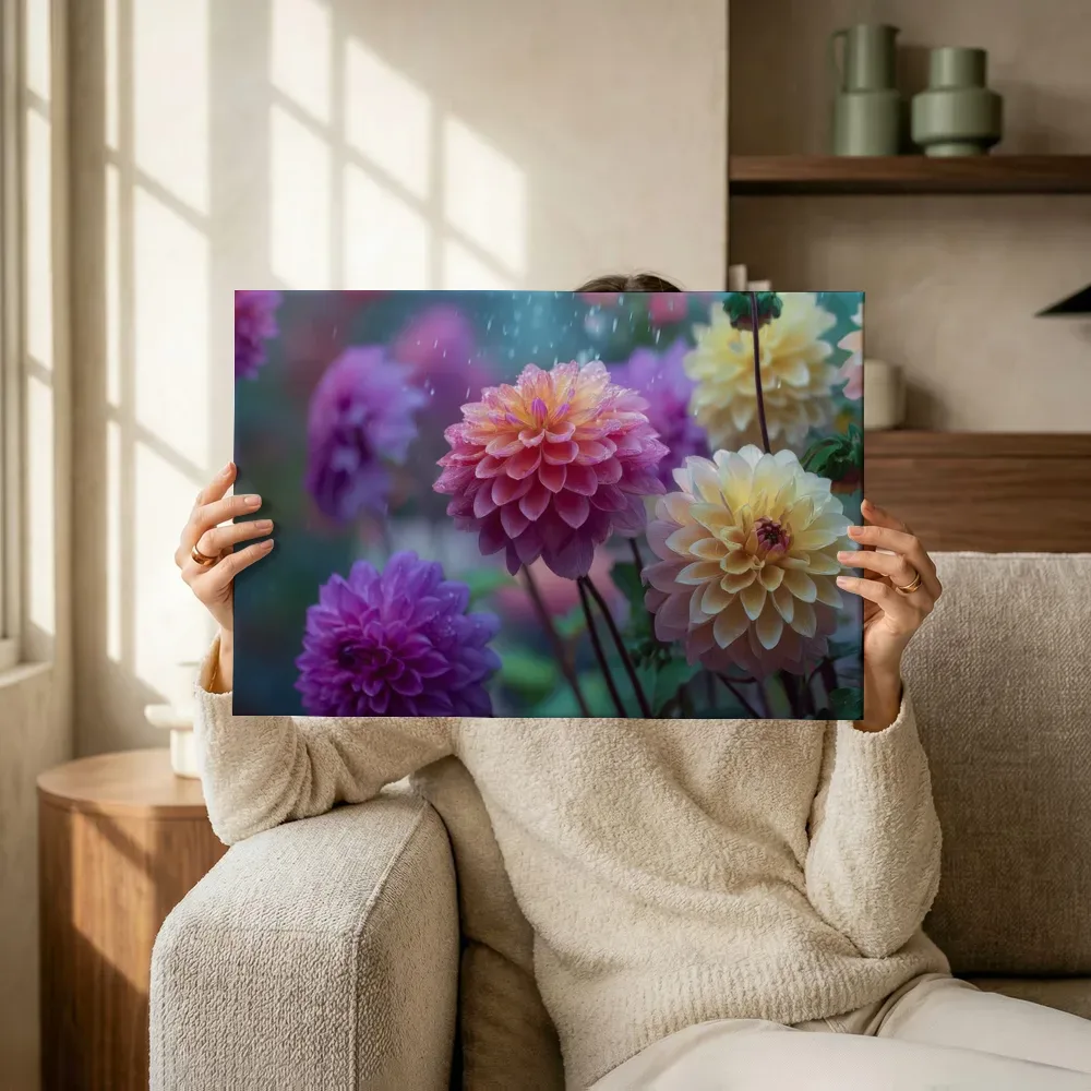 Sfeerimpressie: Dahlia's na de regen terwijl het omhoog wordt gehouden