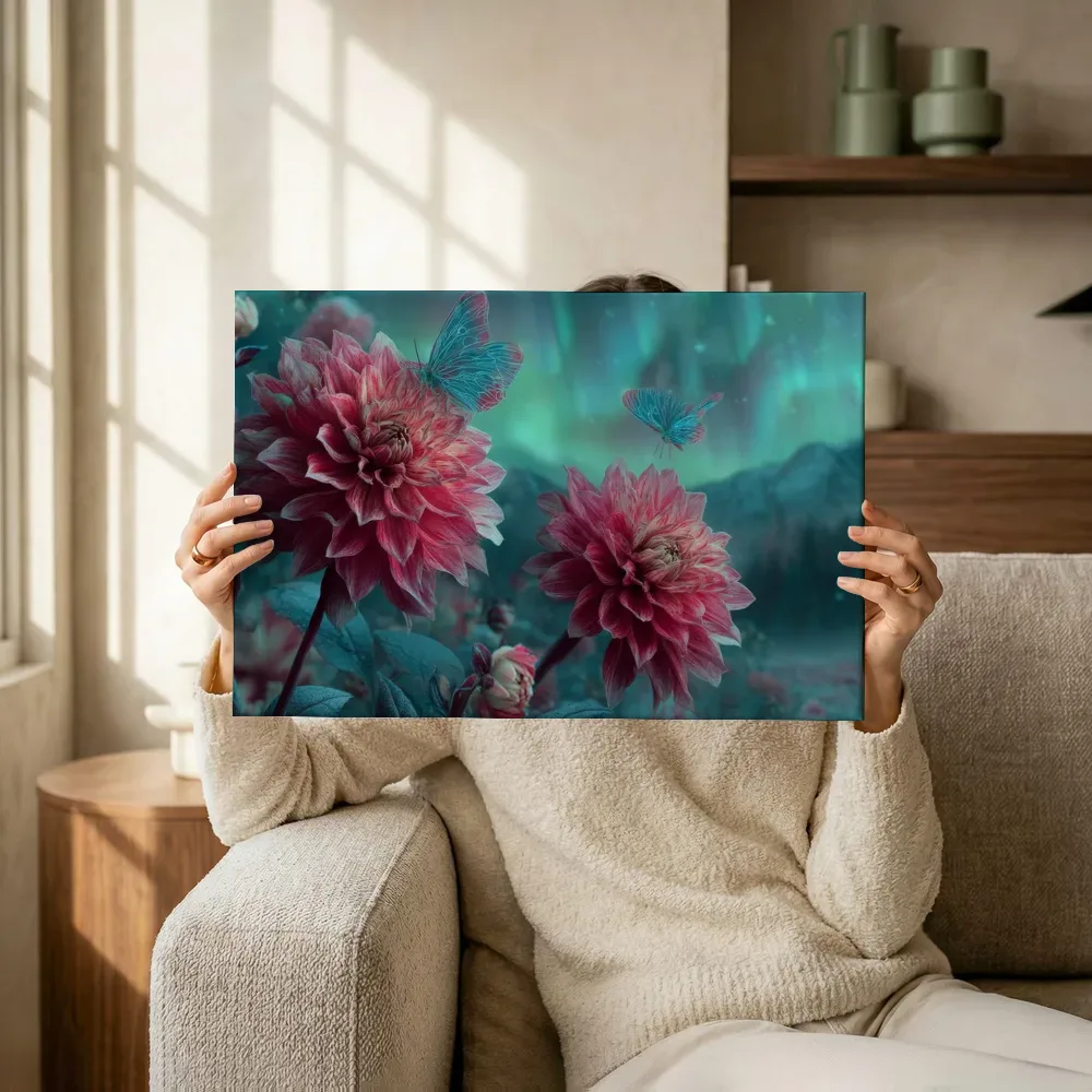 Sfeerimpressie: Dahlia's onder het noorderlicht van dichtbij terwijl het omhoog wordt gehouden