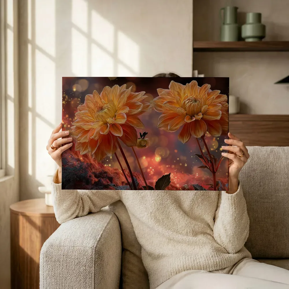 Sfeerimpressie: Dahlia's op rotsen in sterrenlicht terwijl het omhoog wordt gehouden