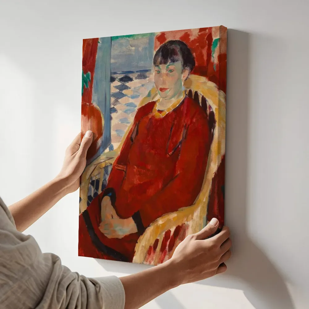 Sfeerimpressie: Dame in het rood van Rik Wouters terwijl het aan de muur wordt gehangen