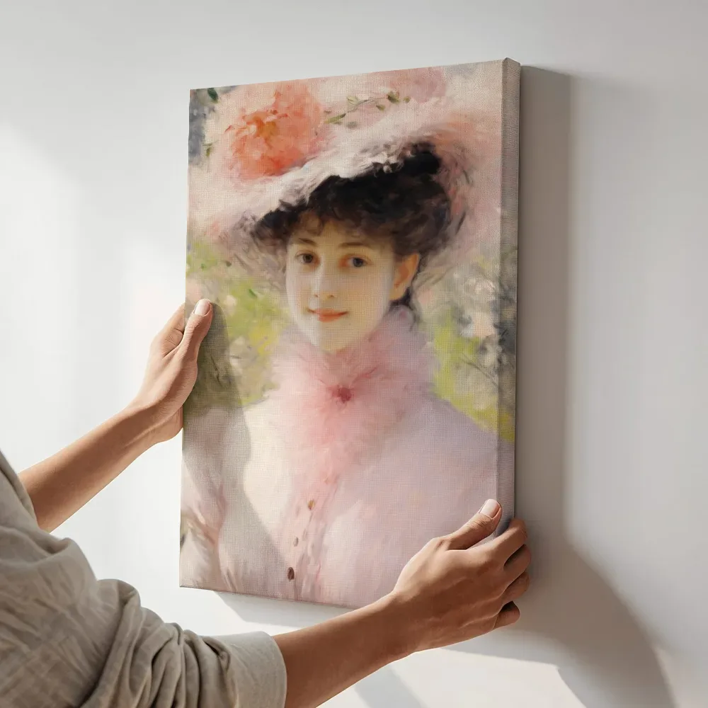 Sfeerimpressie: Dame met bontkraag tussen rozen terwijl het aan de muur wordt gehangen