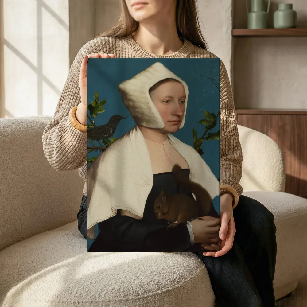 Sfeerimpressie: Dame met eekhoorn en spreeuw van Hans Holbein the Younger terwijl het zittend wordt getoond