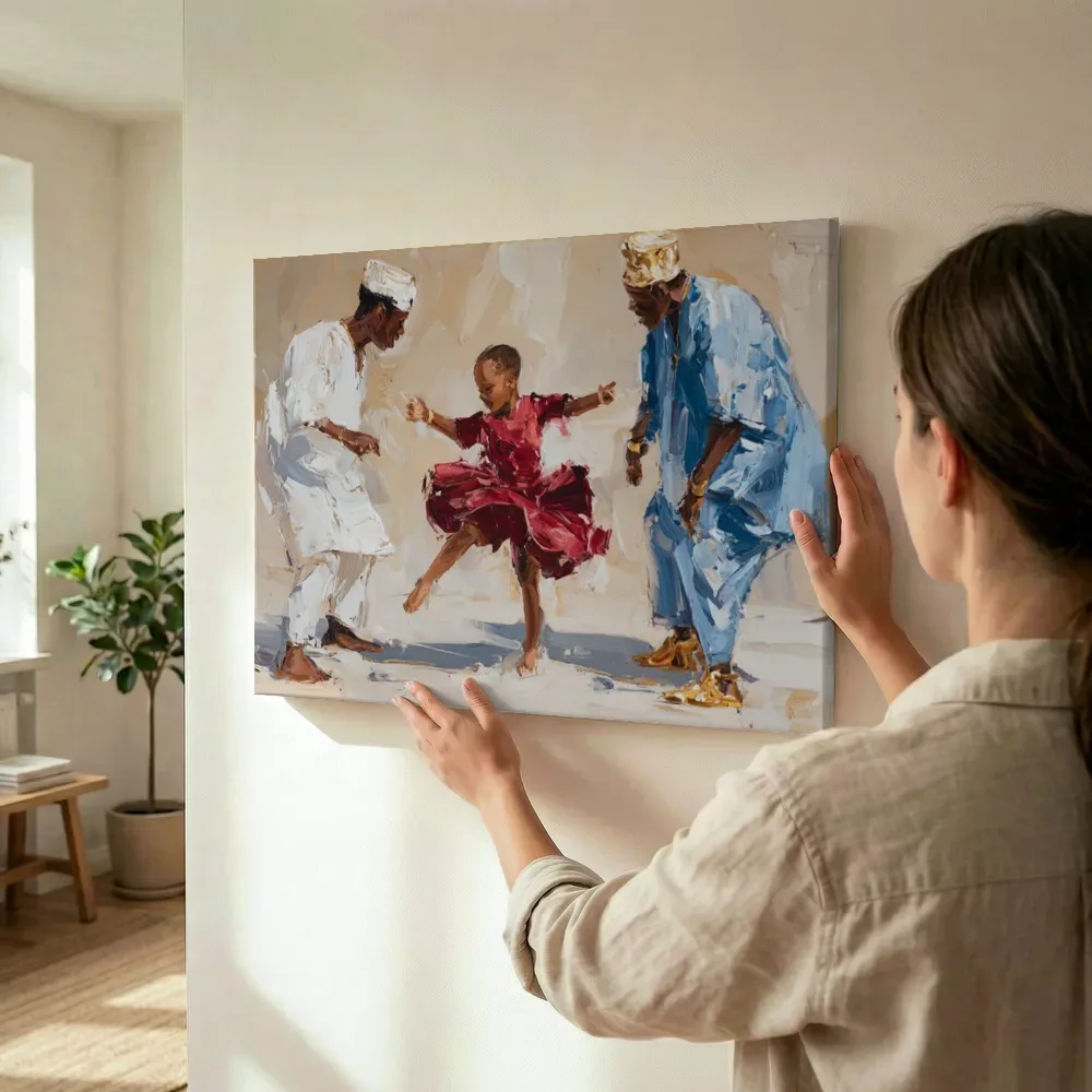 Sfeerimpressie: Familiedans in wit en blauw terwijl het wordt opgehangen