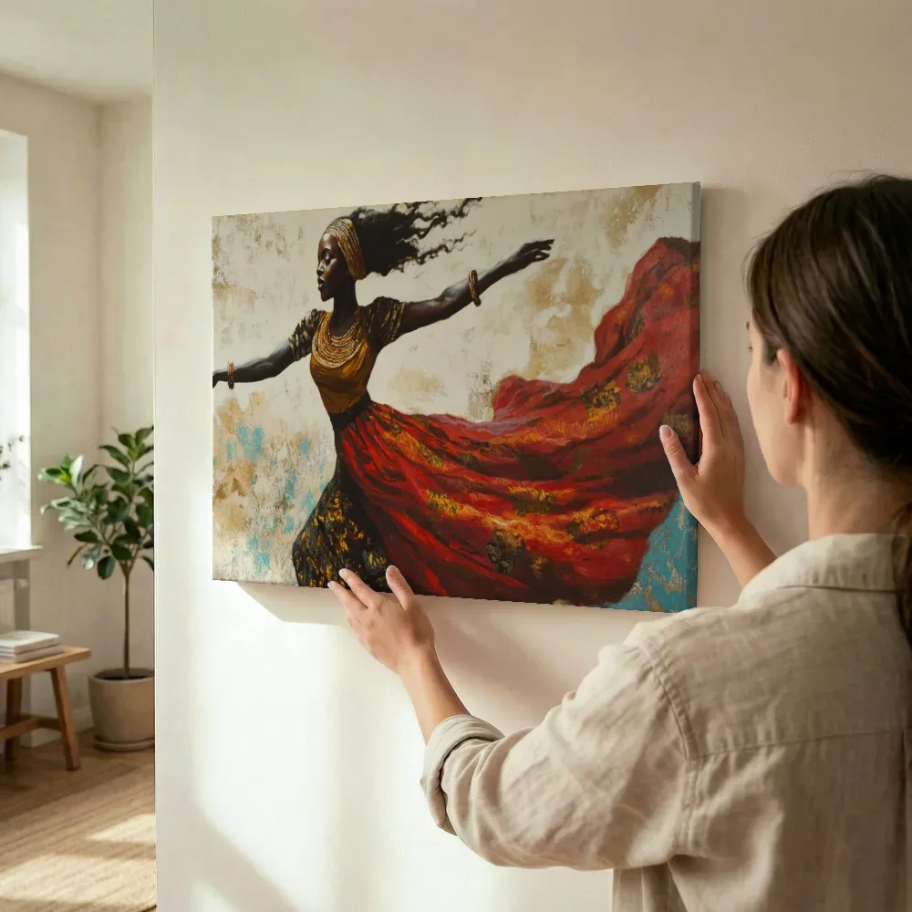 Sfeerimpressie: Dansende vrouw in rood terwijl het wordt opgehangen