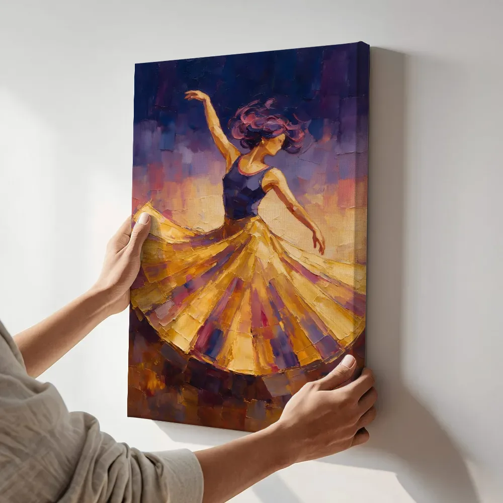 Sfeerimpressie: Danseres, olieverf in gouden uur terwijl het aan de muur wordt gehangen