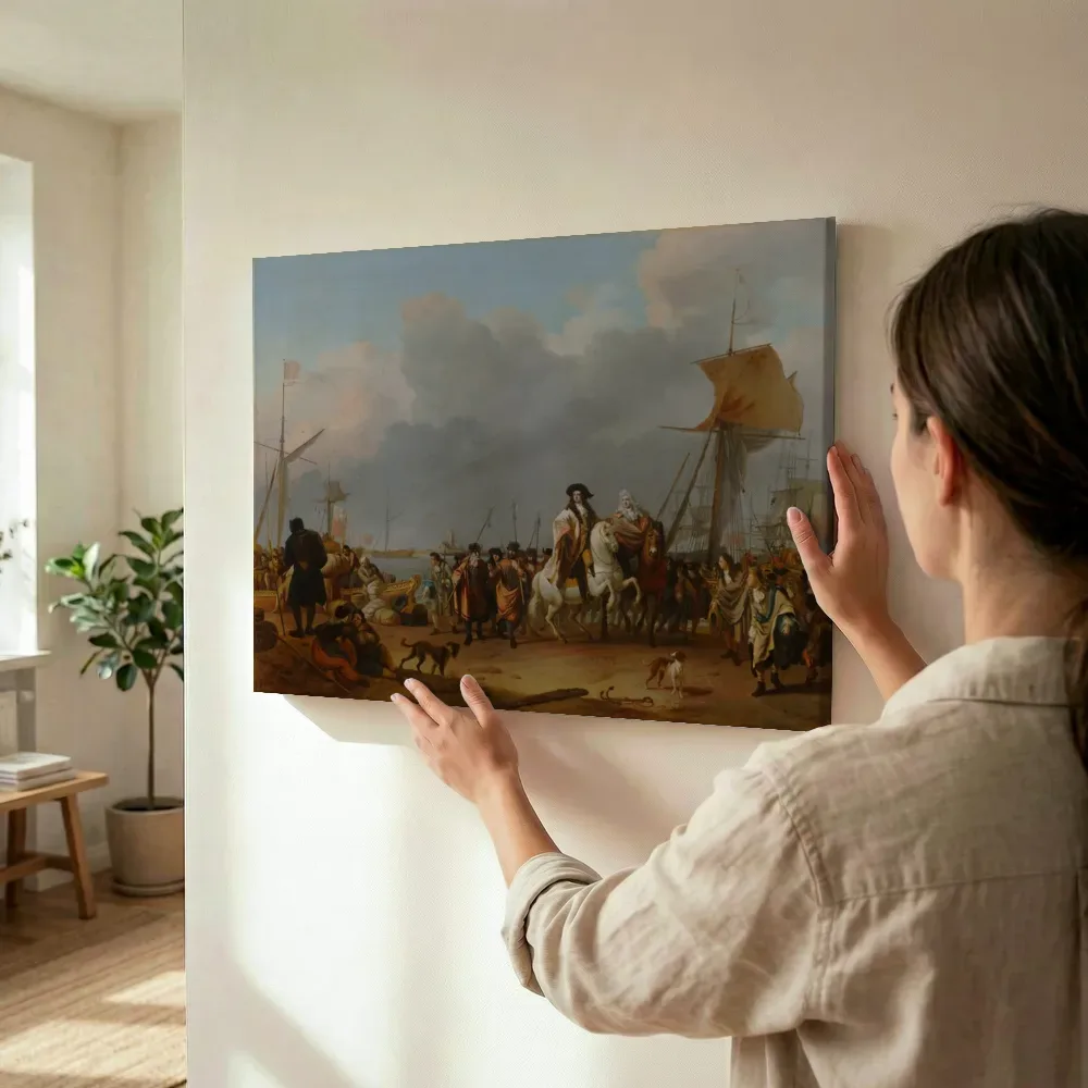 Sfeerimpressie: De aankomst van prins Willem III in de Oranjepolder op 31 januari 1691 van Ludolf Bakhuizen terwijl het wordt opgehangen