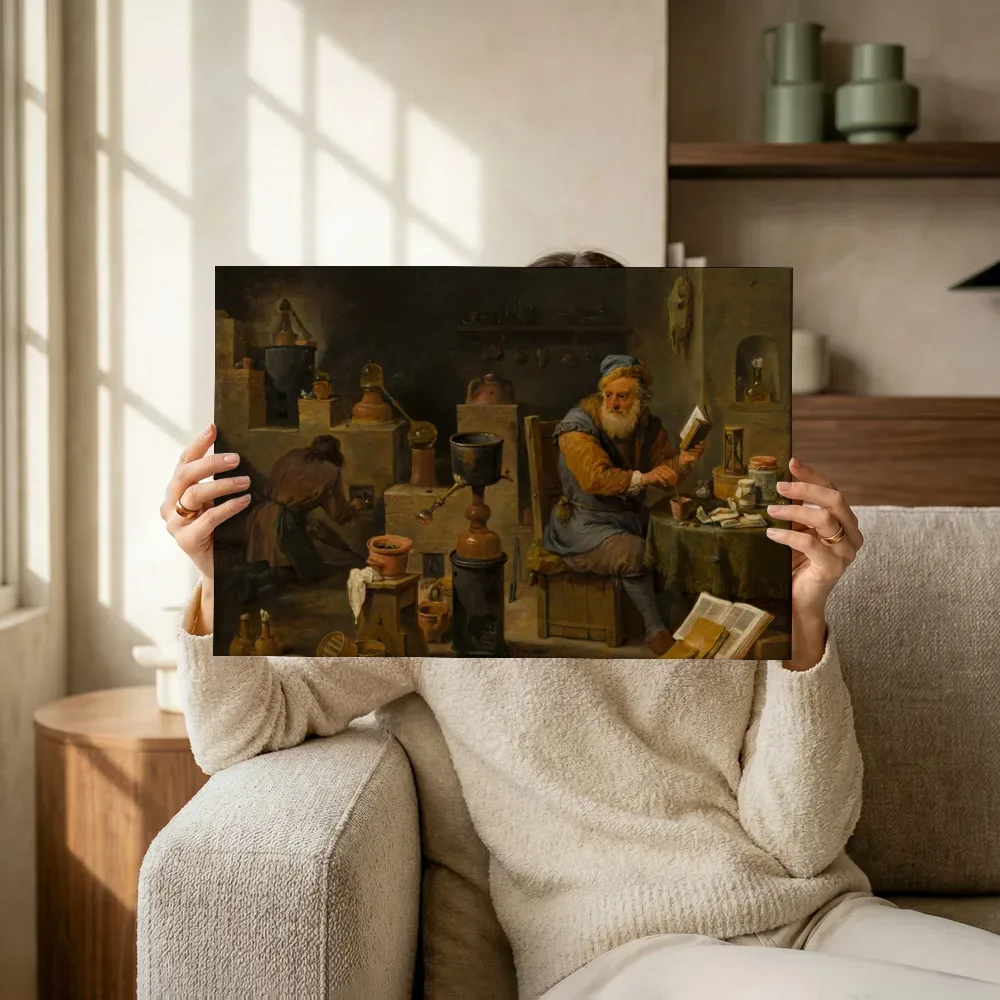 Sfeerimpressie: De alchemist van David Teniers de Jonge terwijl het omhoog wordt gehouden