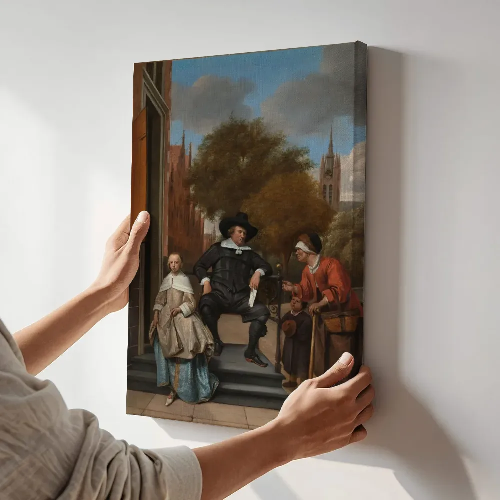 Sfeerimpressie: De Burgemeester van Delft en zijn dochter terwijl het aan de muur wordt gehangen