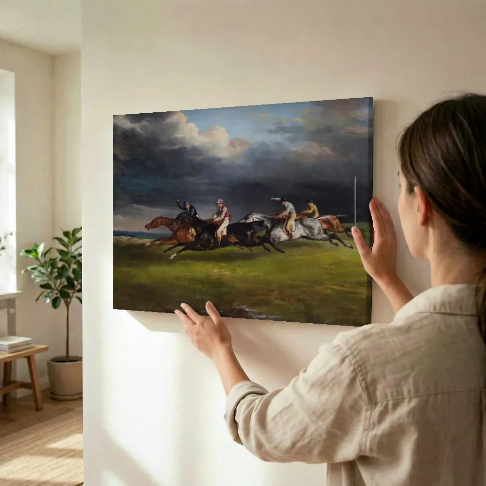 Sfeerimpressie: De derby van Epsom van Théodore Géricault terwijl het wordt opgehangen