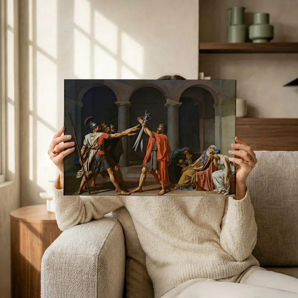 Sfeerimpressie: De eed van de Horatii van Jacques-Louis David terwijl het omhoog wordt gehouden