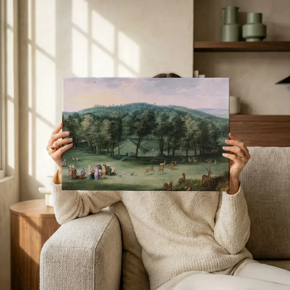 Sfeerimpressie: De infanta Isabella Clara Eugenia in het park van Mariemont van Jan Brueghel the Elder terwijl het omhoog wordt gehouden