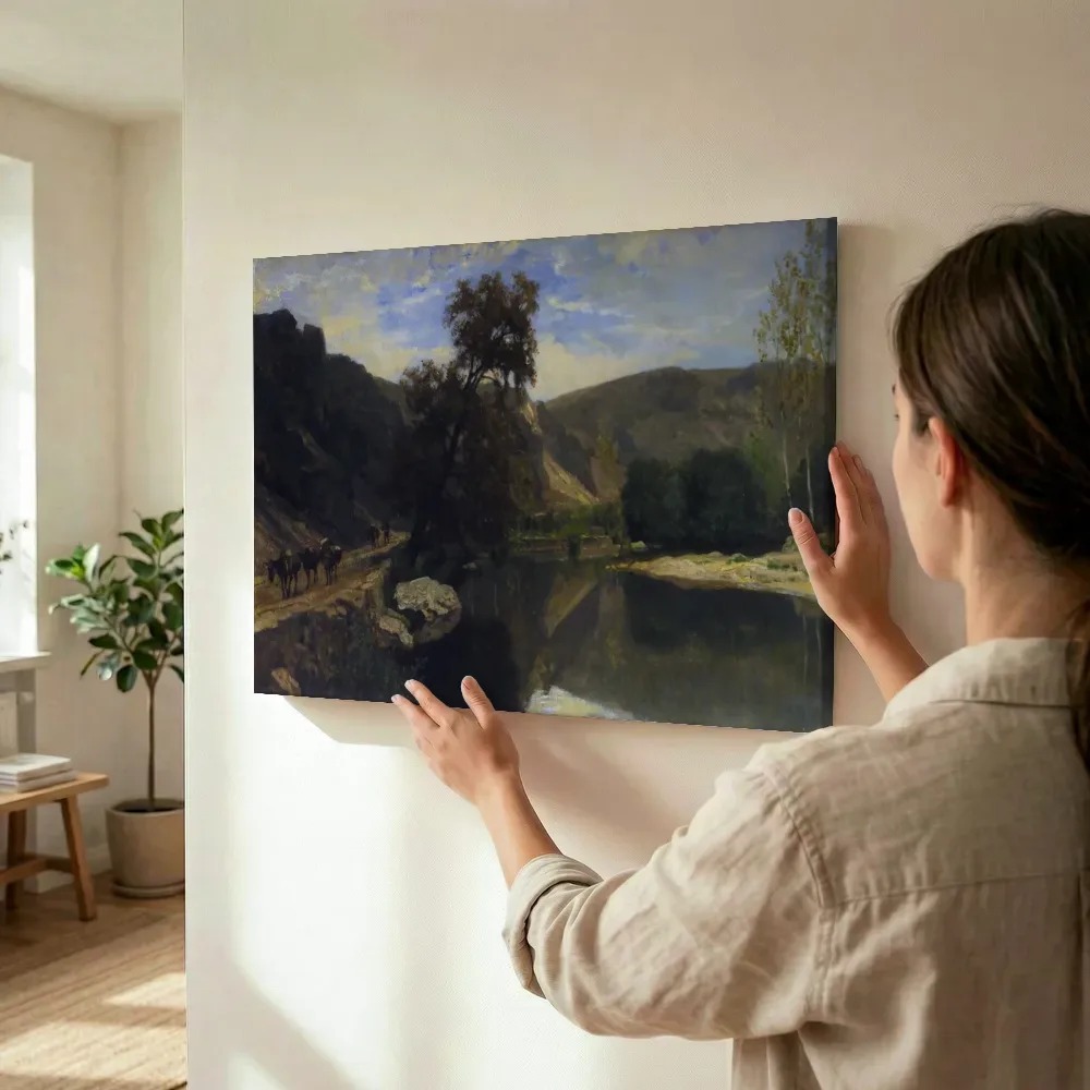 Sfeerimpressie: De kade van de Cousin, nabij Avallon van Charles-François Daubigny terwijl het wordt opgehangen
