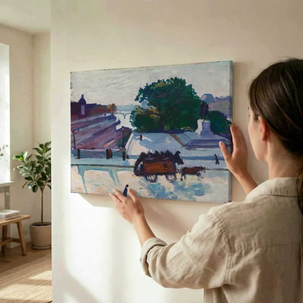 Sfeerimpressie: De Pont-Neuf in de zon van Albert Marquet terwijl het wordt opgehangen