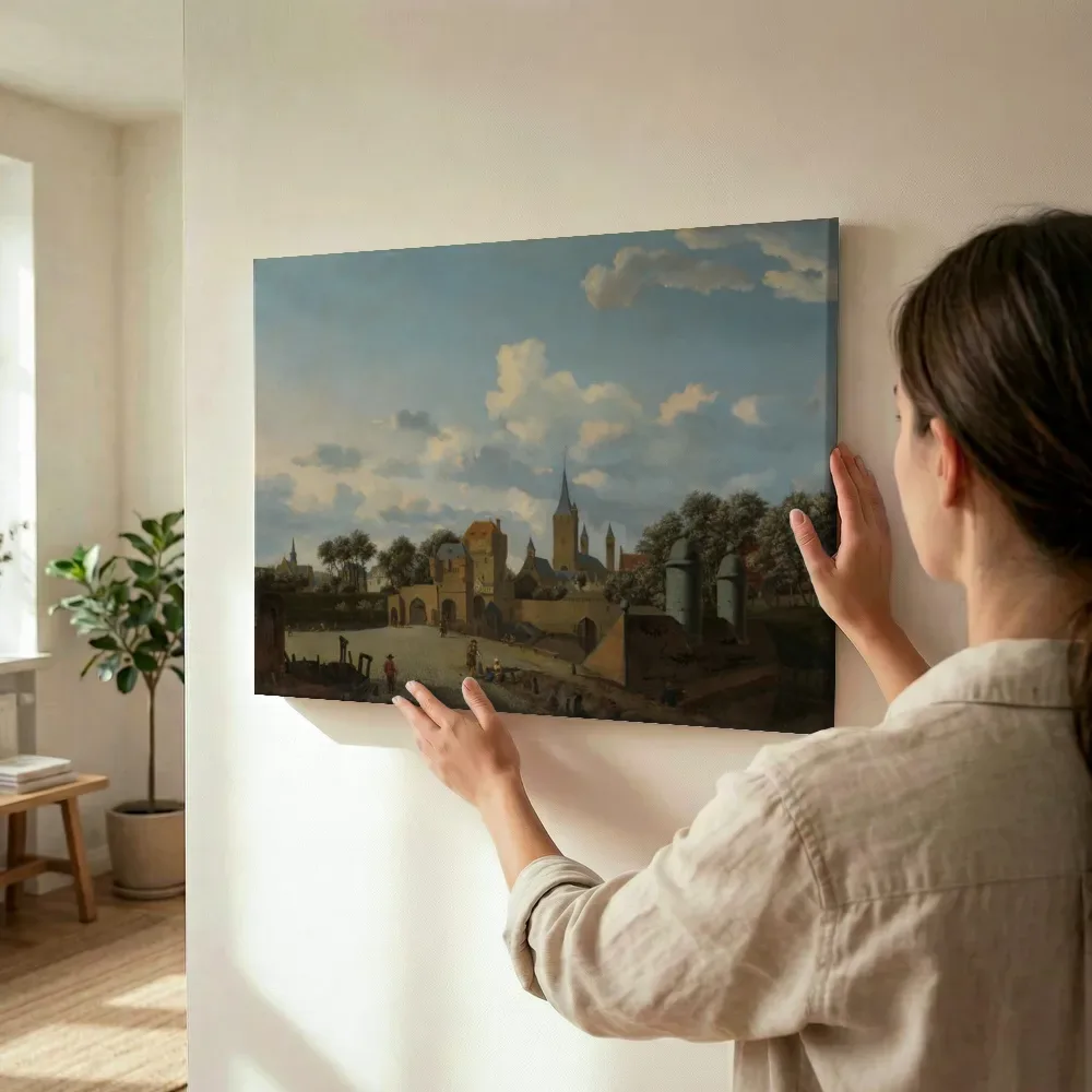 Sfeerimpressie: De Sankt Severin te Keulen opgenomen in een gefantaseerd stadsbeeld van Jan van der Heyden terwijl het wordt opgehangen