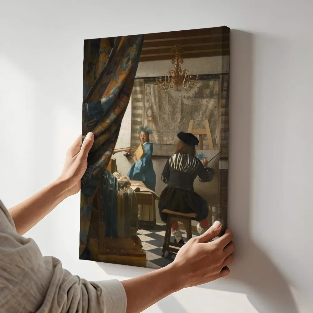 Sfeerimpressie: De Schilderkunst van Johannes Vermeer terwijl het aan de muur wordt gehangen