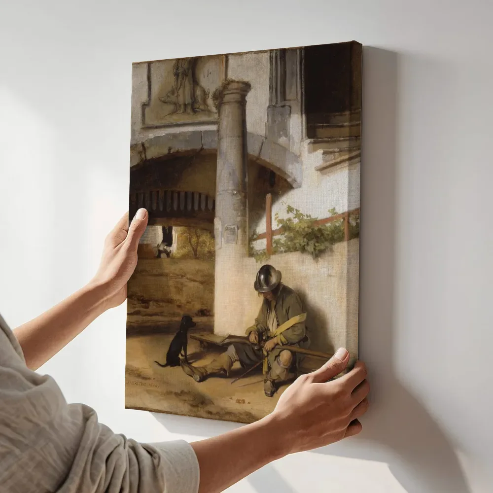 Sfeerimpressie: De schildwacht van Carel Fabritius terwijl het omhoog wordt gehouden