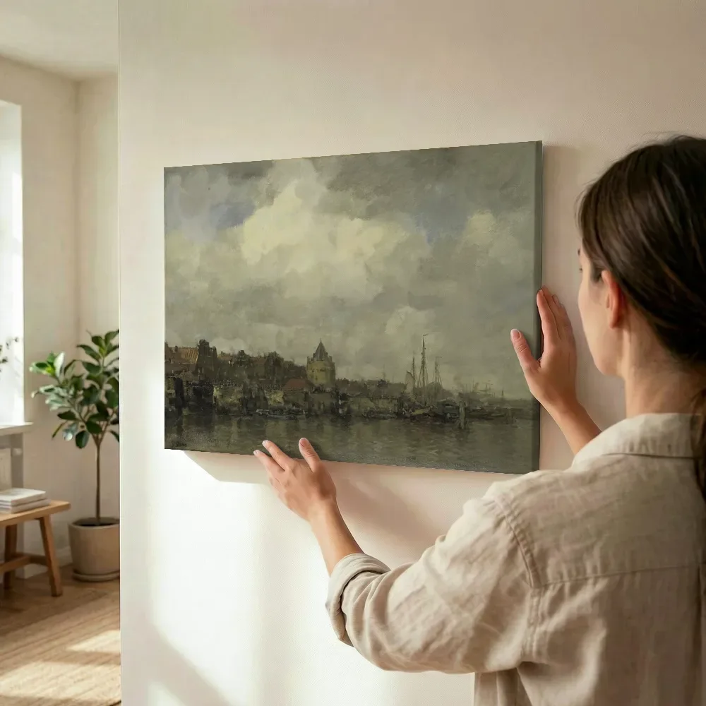 Sfeerimpressie: De Schreierstoren aan de Buitenkant te Amsterdam van Jacob Maris terwijl het wordt opgehangen