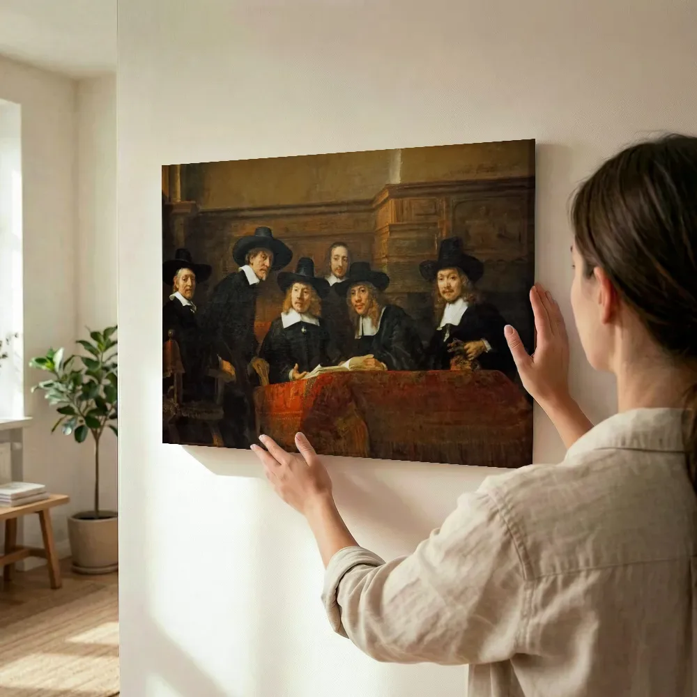 Sfeerimpressie: De Staalmeesters van Rembrandt van Rijn terwijl het wordt opgehangen