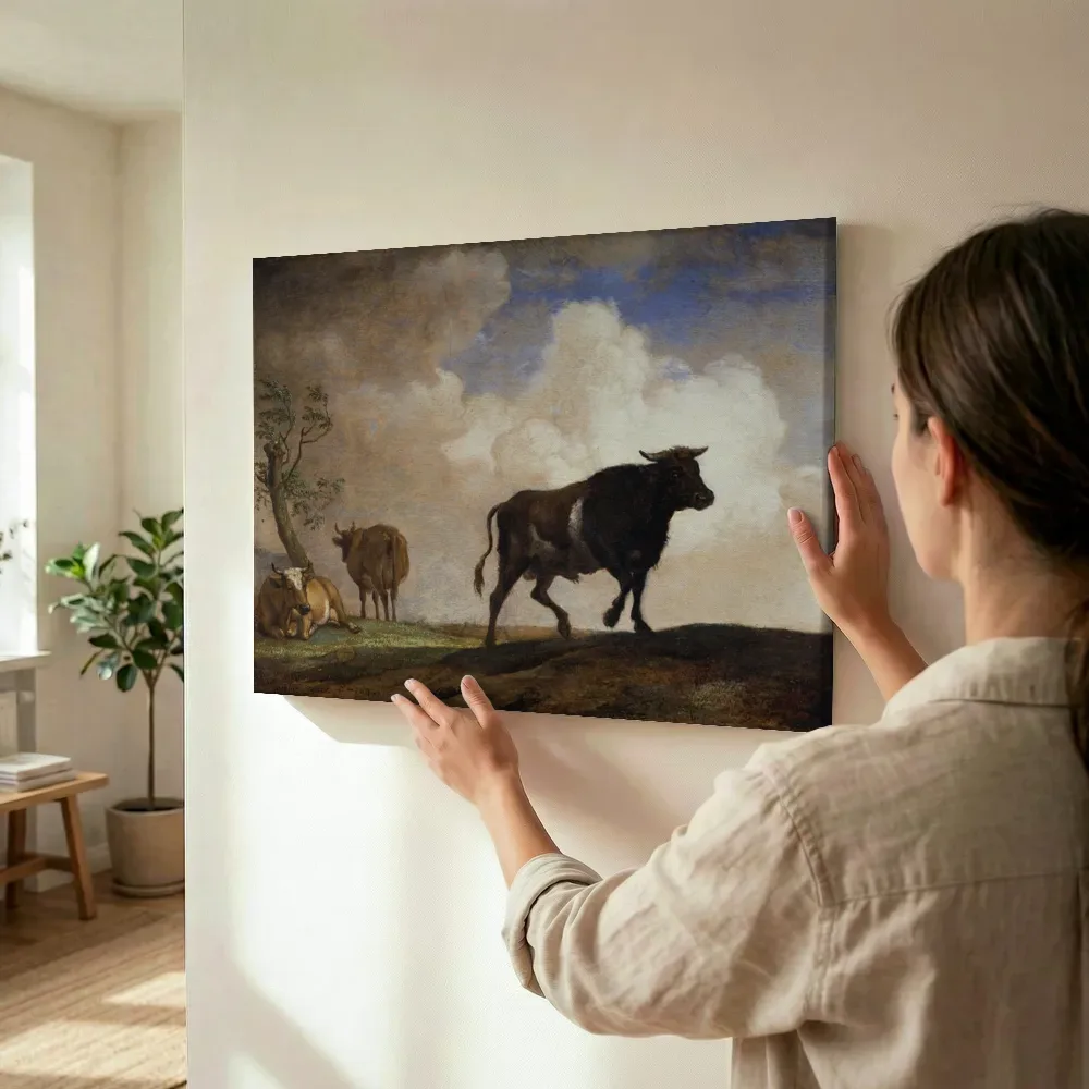 Sfeerimpressie: De stier (1649) van Paulus Potter terwijl het wordt opgehangen