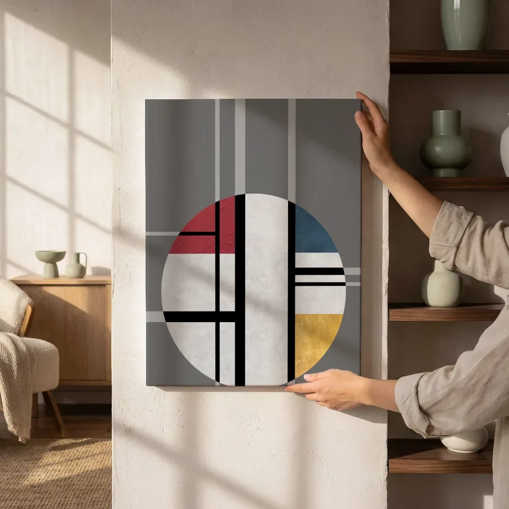 Sfeerimpressie: Geometrische cirkel in rood, blauw en goud naast de kast