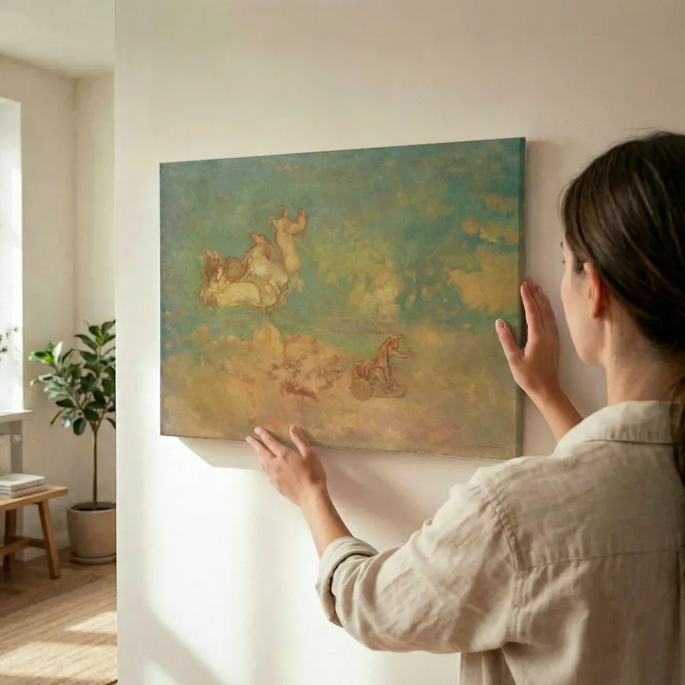 Sfeerimpressie: De Strijdwagen van Apollo van Odilon Redon terwijl het wordt opgehangen