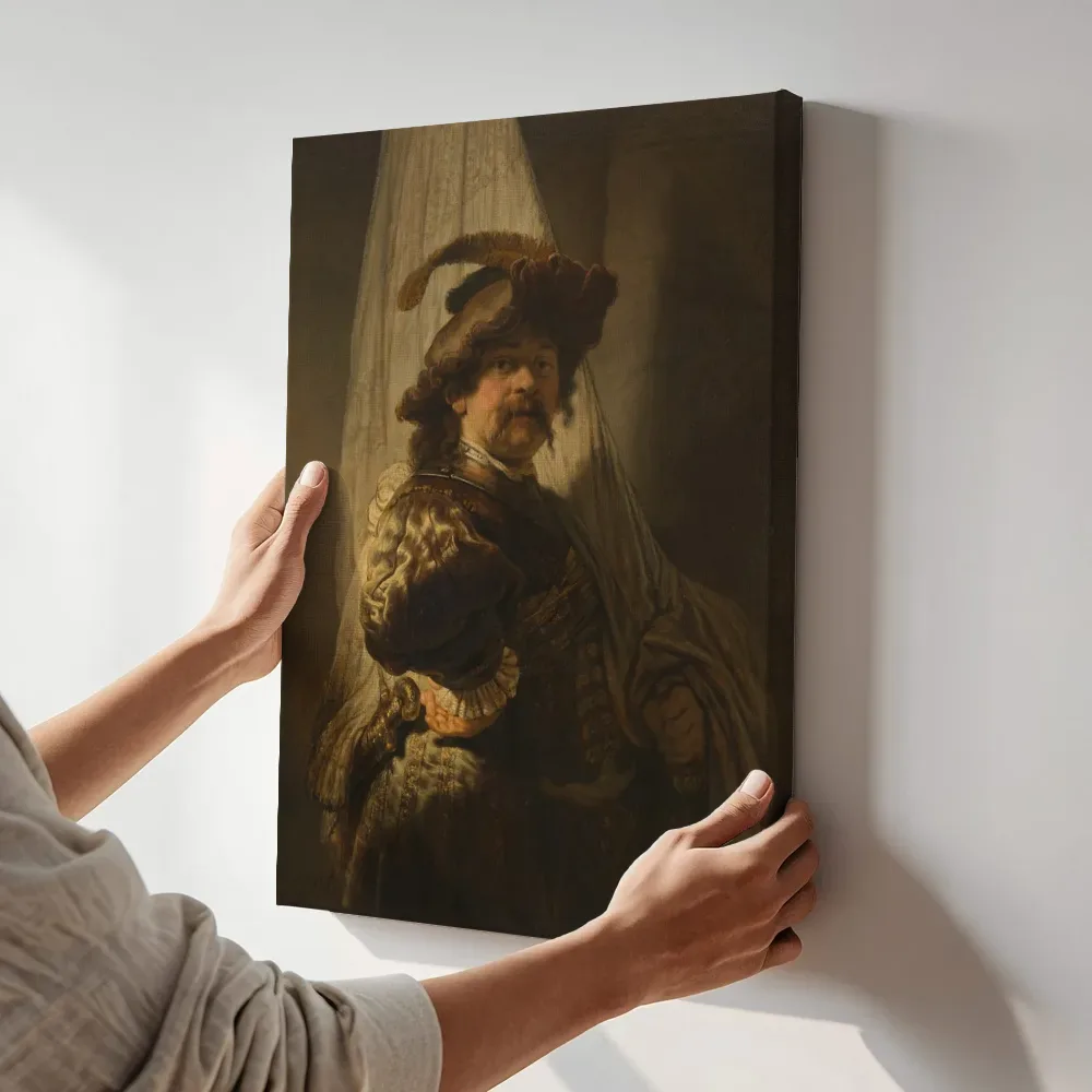 Sfeerimpressie: De vaandeldrager van Rembrandt van Rijn 2 terwijl het aan de muur wordt gehangen