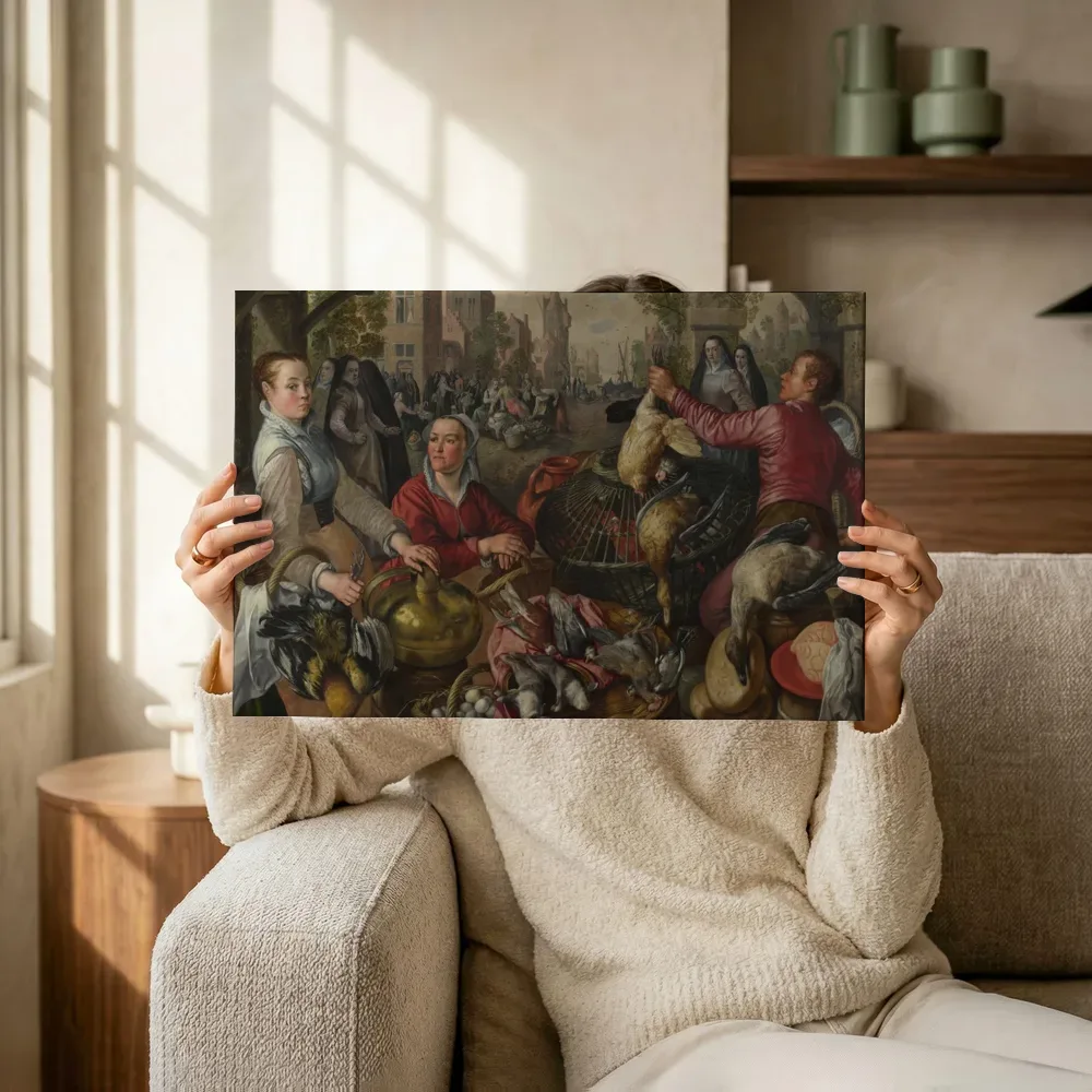 Sfeerimpressie: De vier elementen: Lucht: hoendermarkt met in de achtergrond de Verloren Zoon van Joachim Beuckelaer terwijl het omhoog wordt gehouden