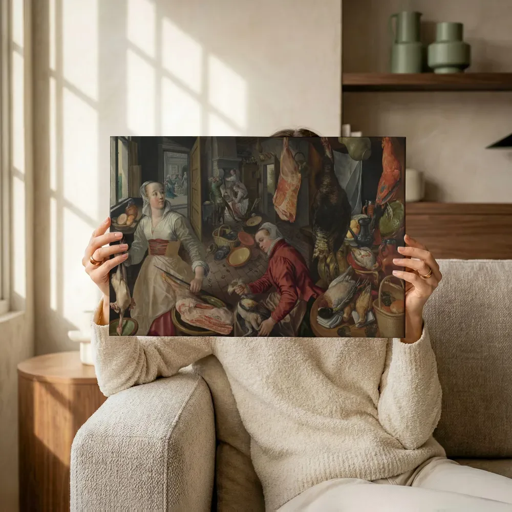 Sfeerimpressie: De vier elementen: Vuur: keukeninterieur met in de achtergrond Christus in het huis van Martha en Maria van Joachim Beuckelaer terwijl het omhoog wordt gehouden