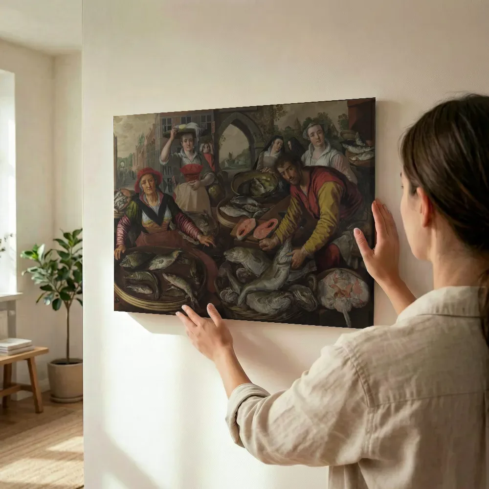 Sfeerimpressie: De vier elementen: Water: viskraam met in de achtergrond de wonderbaarlijke visvangst van Joachim Beuckelaer terwijl het wordt opgehangen