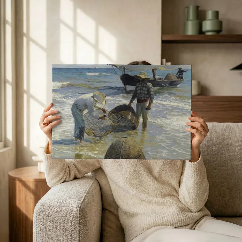 Sfeerimpressie: De vissers van Valencia van Joaquín Sorolla terwijl het omhoog wordt gehouden