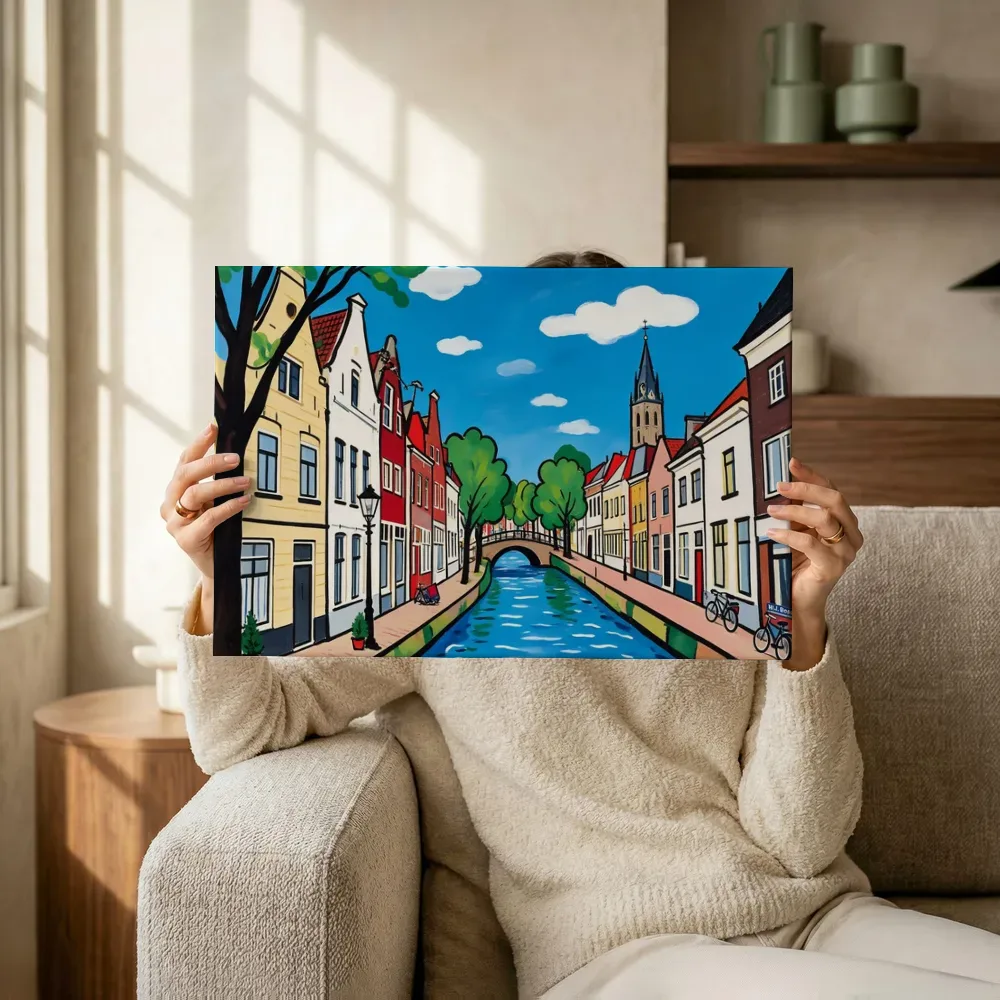 Sfeerimpressie: Delft, gracht in vlakke acryl terwijl het omhoog wordt gehouden