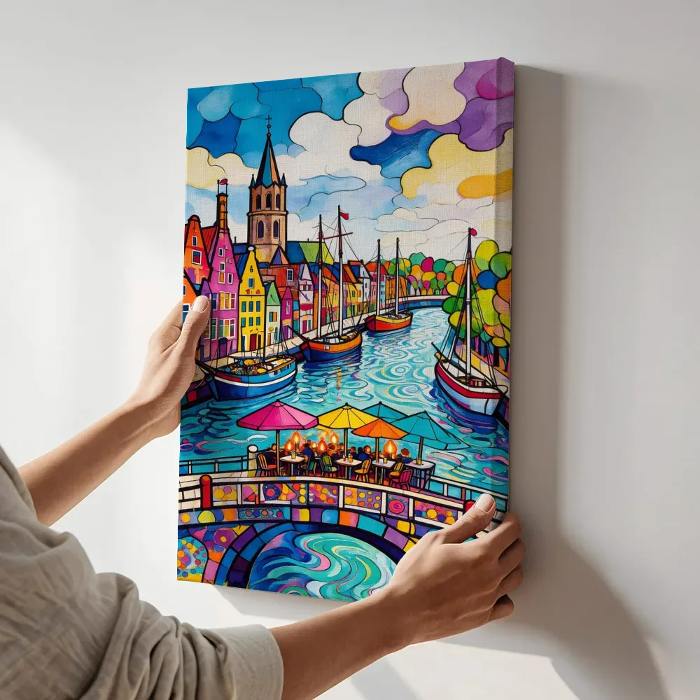 Sfeerimpressie: Delft, Oude in bonte kleuren terwijl het aan de muur wordt gehangen