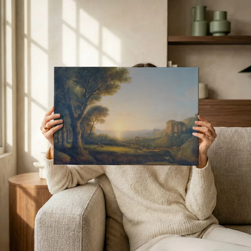 Sfeerimpressie: De golf van Baiae bij zonsondergang van Lorenz Adolf Schönberger terwijl het omhoog wordt gehouden