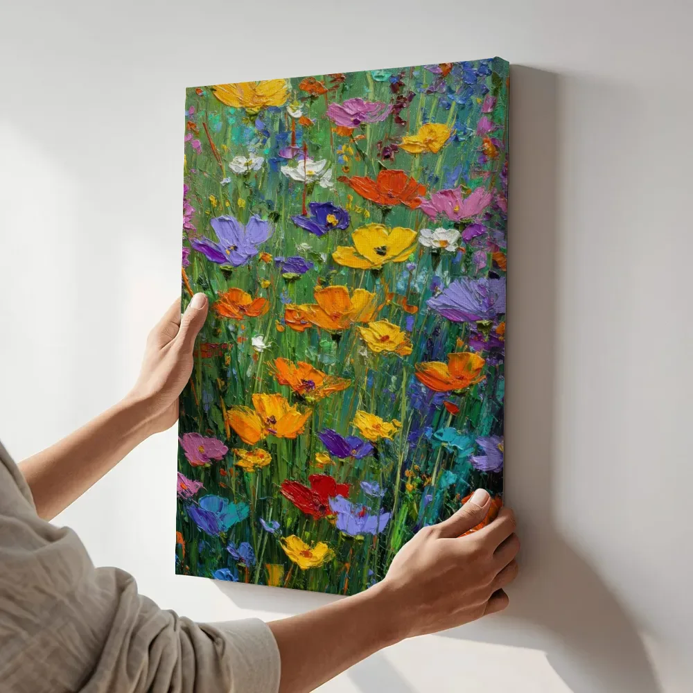 Sfeerimpressie: Wildebloemenveld in warme kleuren terwijl het aan de muur wordt gehangen