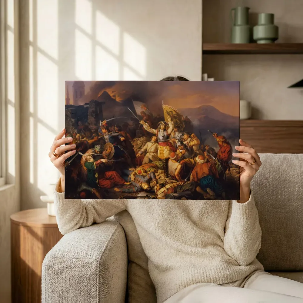 Sfeerimpressie: De herovering van Ofen uit handen van de Turken in 1686 van József Molnár terwijl het omhoog wordt gehouden