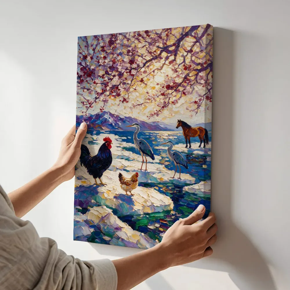 Sfeerimpressie: Dieren samen bij bloesem terwijl het aan de muur wordt gehangen
