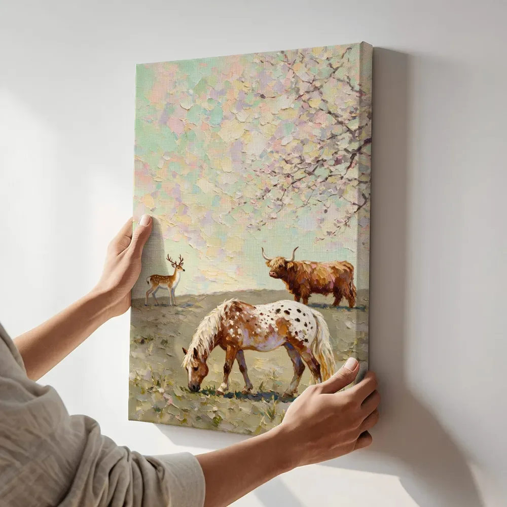 Sfeerimpressie: Dierenrijk bij bloesem in crème terwijl het aan de muur wordt gehangen