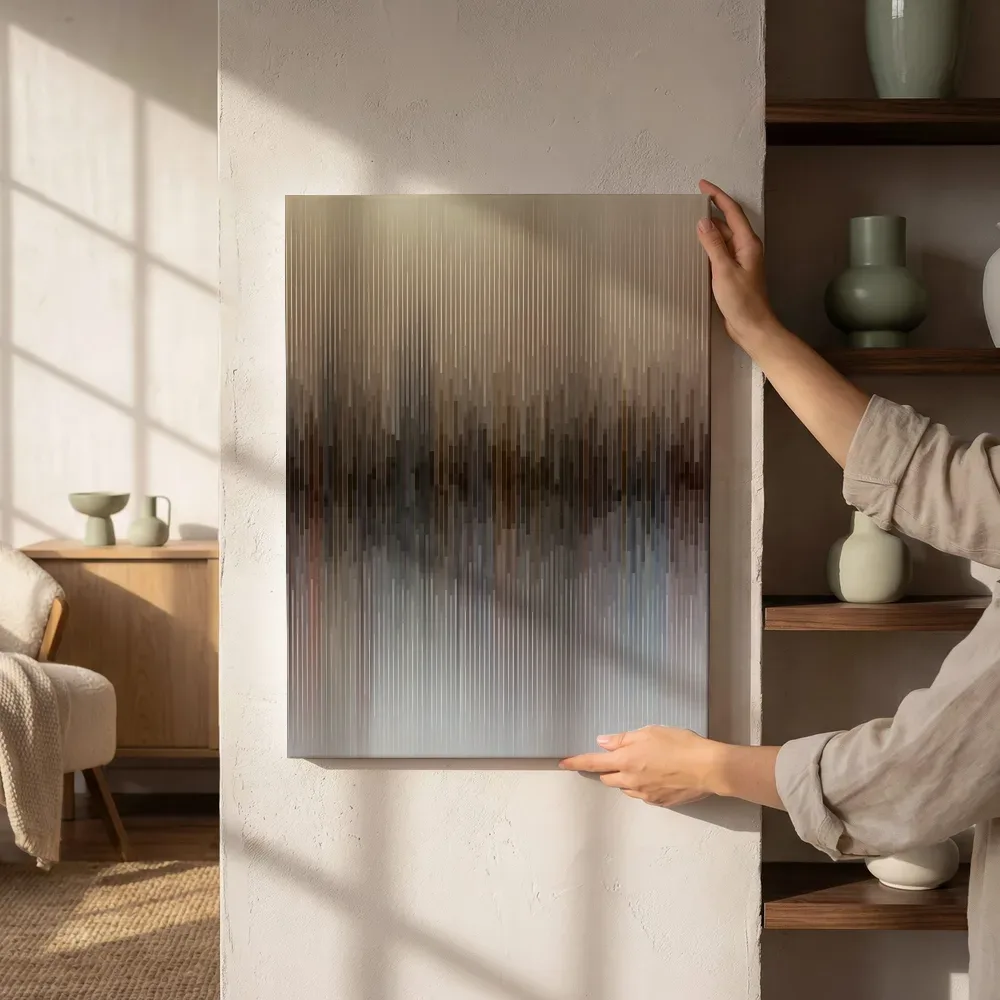 Sfeerimpressie: Digitale glitch textuur in zandbeige naast de kast
