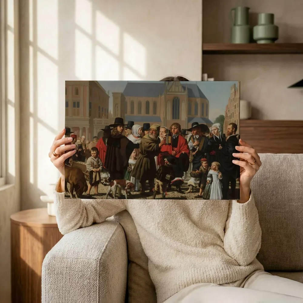 Sfeerimpressie: Diogenes zoekt een mens (Historiserend portret van de familie Steyn) van Caesar van Everdingen terwijl het omhoog wordt gehouden
