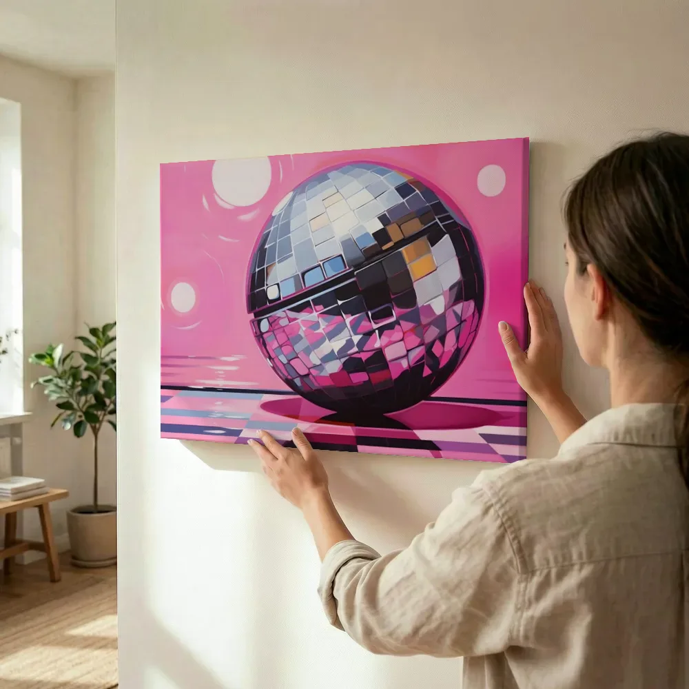 Sfeerimpressie: Discobal op roze dansvloer terwijl het wordt opgehangen
