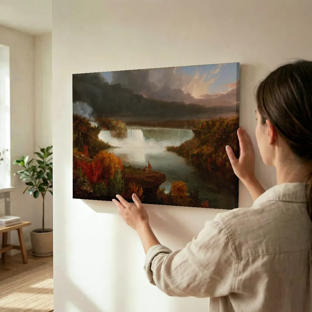 Sfeerimpressie: Gezicht in de verte op de Niagarawatervallen van Thomas Cole terwijl het wordt opgehangen