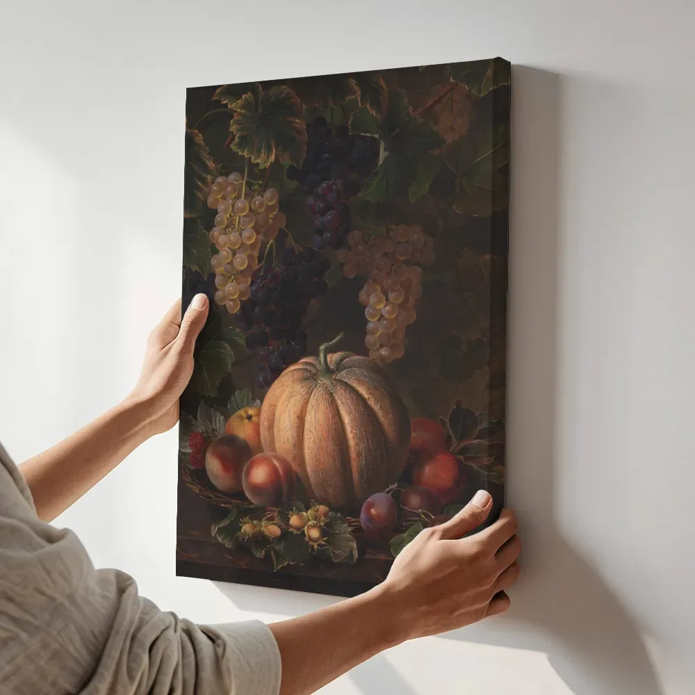 Sfeerimpressie: Divers fruit, met meloen en druiven van Johan Laurentz Jensen terwijl het aan de muur wordt gehangen