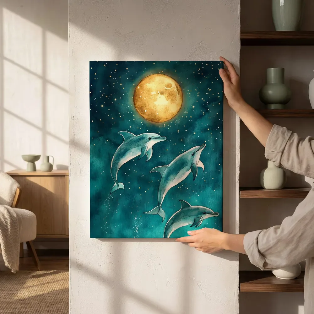 Sfeerimpressie: Dolfijnen onder volle maan in turquoise schilderij naast de kast