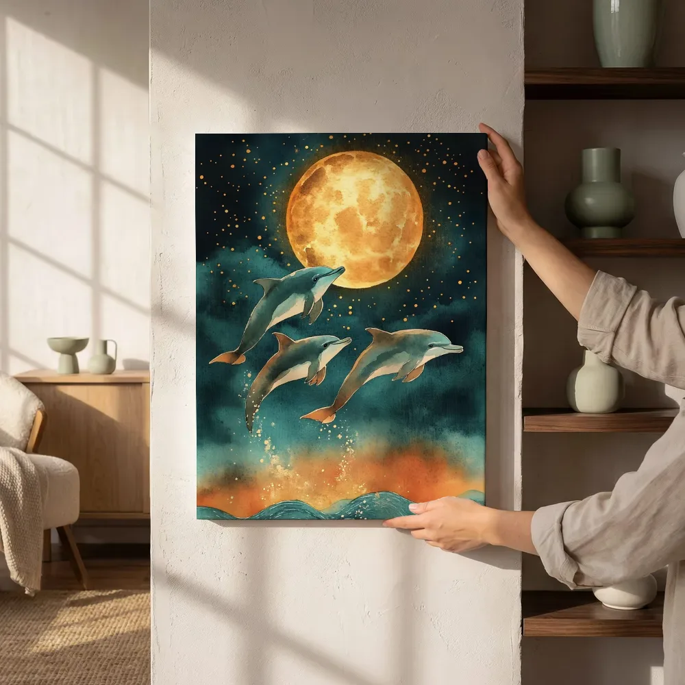 Sfeerimpressie: Dolfijnen onder volle maan schilderij naast de kast