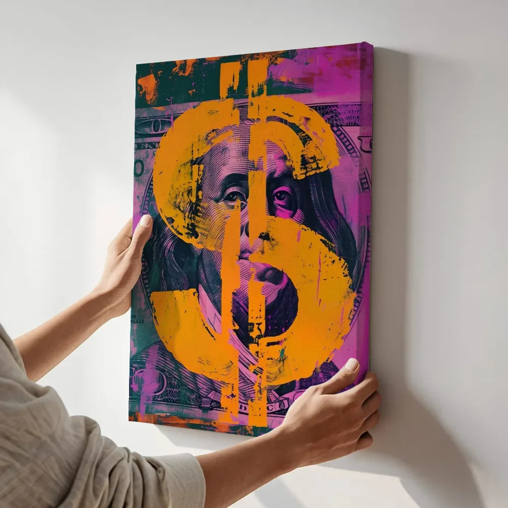 Sfeerimpressie: Dollarteken in neon tinten terwijl het aan de muur wordt gehangen