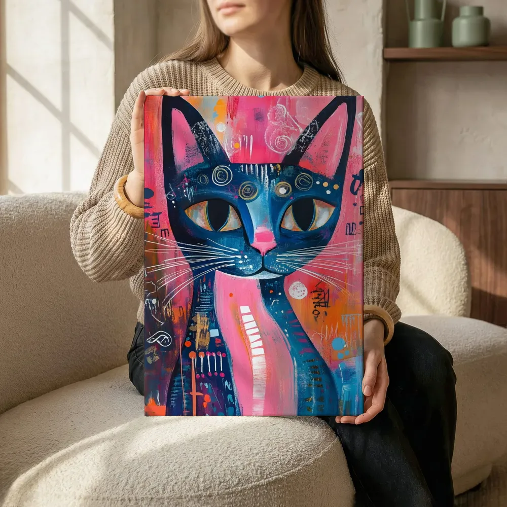 Sfeerimpressie: Donkerblauwe kat met graffiti stijl terwijl het zittend wordt getoond
