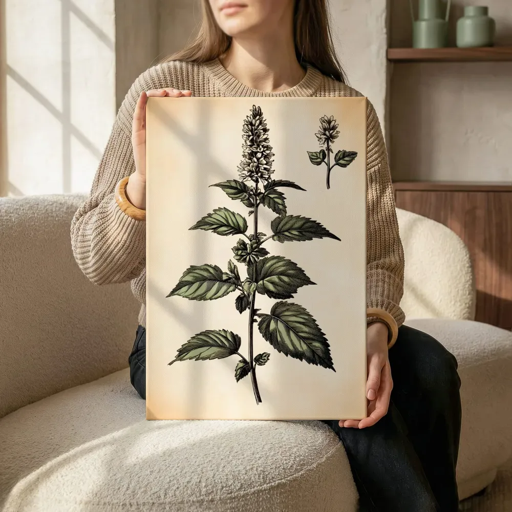 Sfeerimpressie: Donkere bloeiaar botanische prent terwijl het aan de muur wordt gehangen