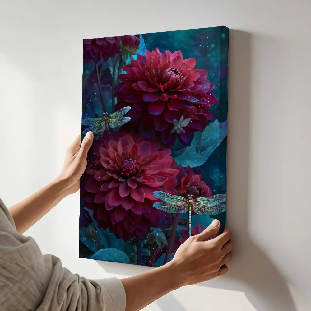 Sfeerimpressie: Donkerrode dahlia's in de nacht terwijl het aan de muur wordt gehangen