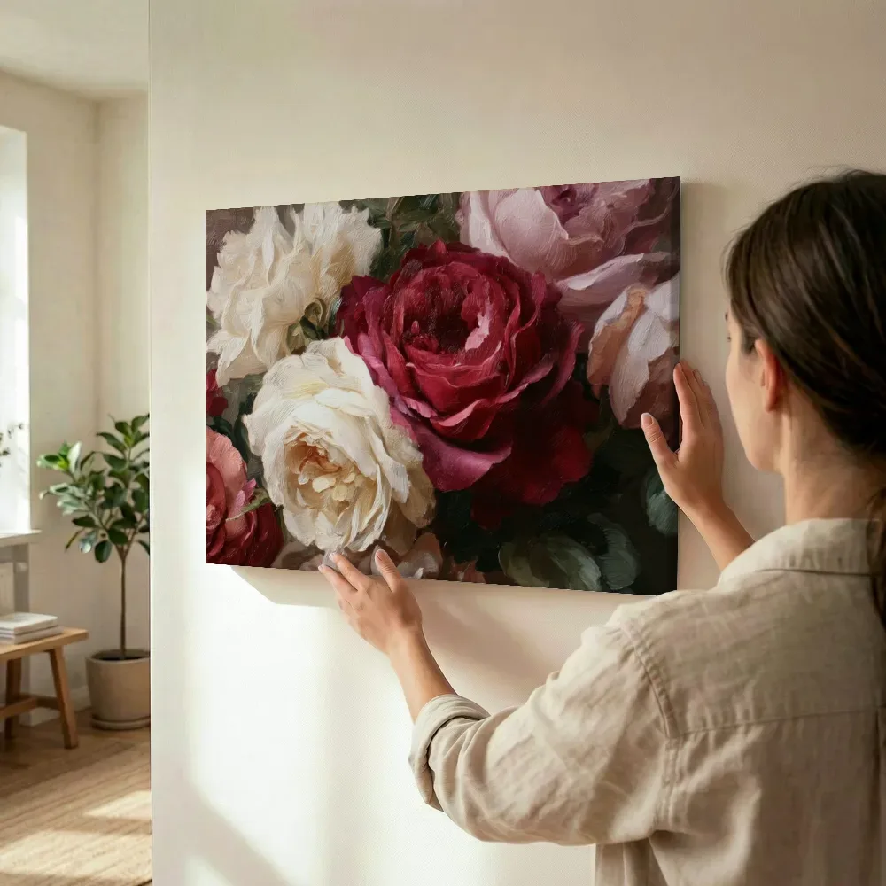 Sfeerimpressie: Donkerrode roos tussen tuinbloemen terwijl het wordt opgehangen
